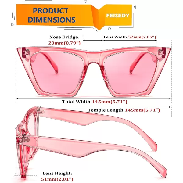 FEISEDY Vintage Square Cat Eye Sunglasses Women Trendy Cateye Sunglasses B2473Clear Pink