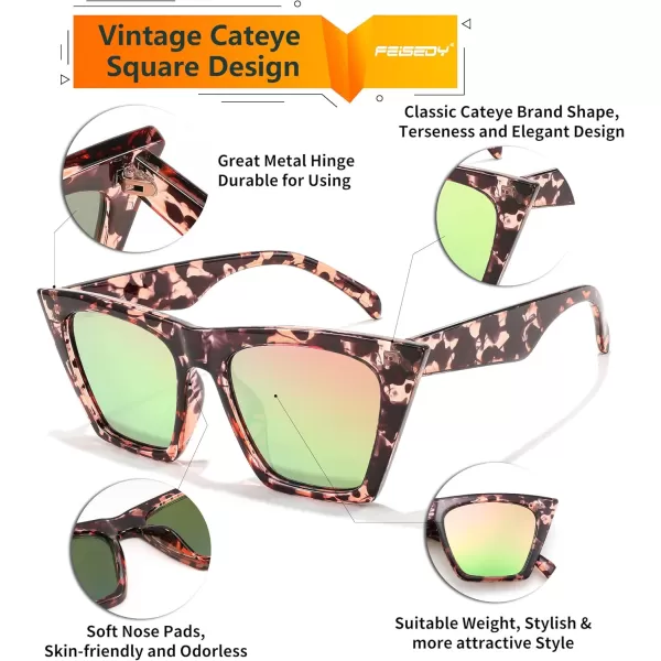 FEISEDY Vintage Square Cat Eye Sunglasses Women Trendy Cateye Sunglasses B2473Clear Pink Black Lropard