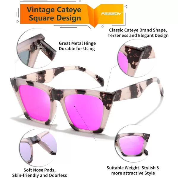 FEISEDY Vintage Square Cat Eye Sunglasses Women Trendy Cateye Sunglasses B2473Pink Marble Frame