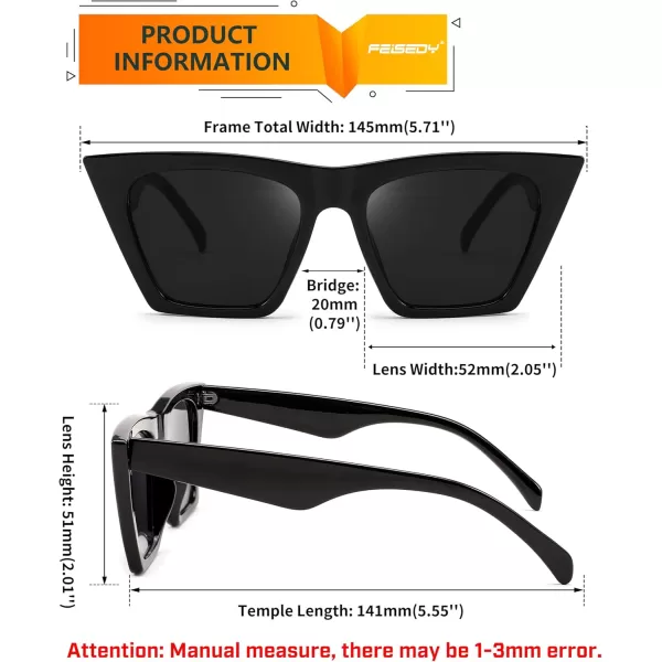 FEISEDY Vintage Square Cat Eye Sunglasses Women Trendy Cateye Sunglasses B2473Polarized Black