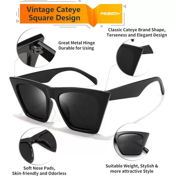 FEISEDY Vintage Square Cat Eye Sunglasses Women Trendy Cateye Sunglasses B2473Polarized Black