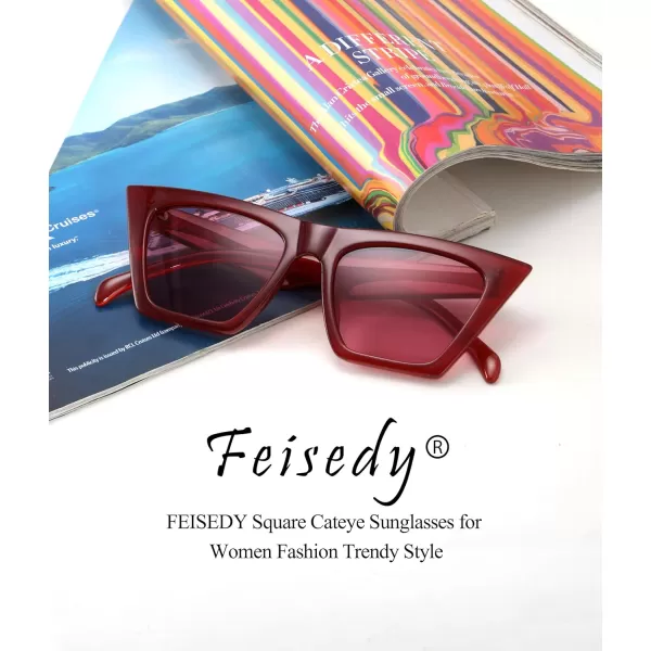FEISEDY Vintage Square Cat Eye Sunglasses Women Trendy Cateye Sunglasses B2473Red