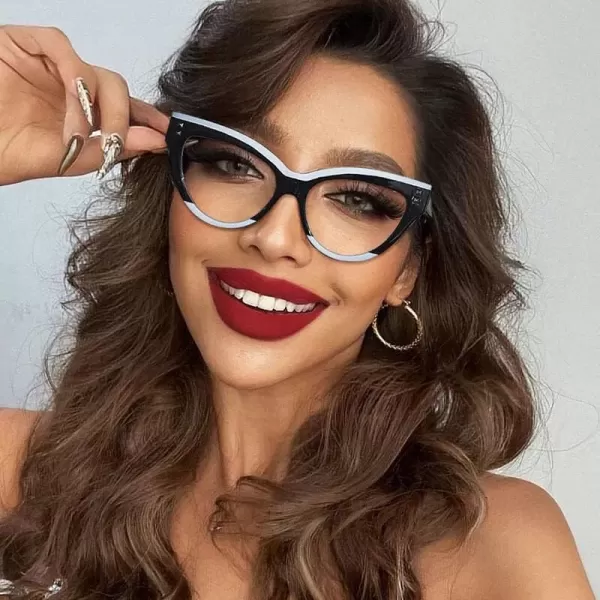 FEISEDY Women Oversized Blue Light Blocking Computer Glasses Fake Nerd Cat Eye Glasses Frame Anti Eyestrain B2323Black  White Frame
