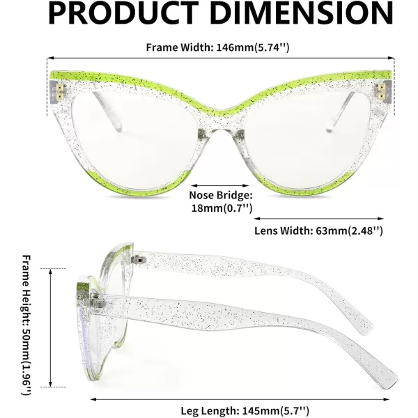 FEISEDY Women Oversized Blue Light Blocking Computer Glasses Fake Nerd Cat Eye Glasses Frame Anti Eyestrain B2323Glitter Silver  Green Frame