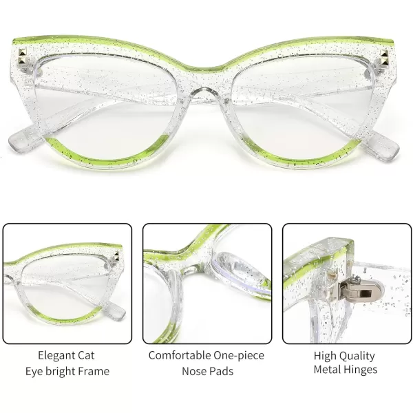 FEISEDY Women Oversized Blue Light Blocking Computer Glasses Fake Nerd Cat Eye Glasses Frame Anti Eyestrain B2323Glitter Silver  Green Frame