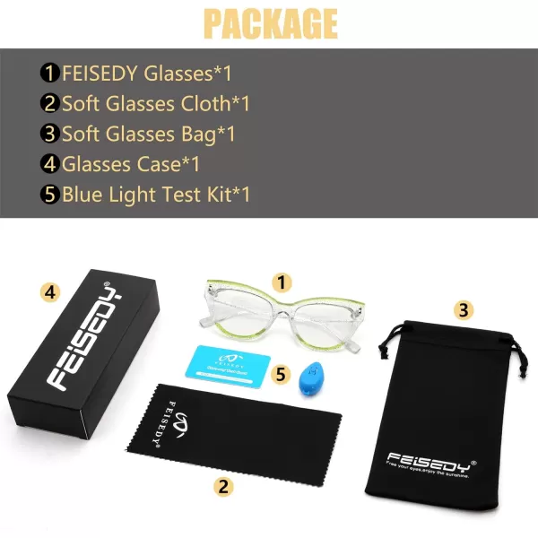 FEISEDY Women Oversized Blue Light Blocking Computer Glasses Fake Nerd Cat Eye Glasses Frame Anti Eyestrain B2323Glitter Silver  Green Frame