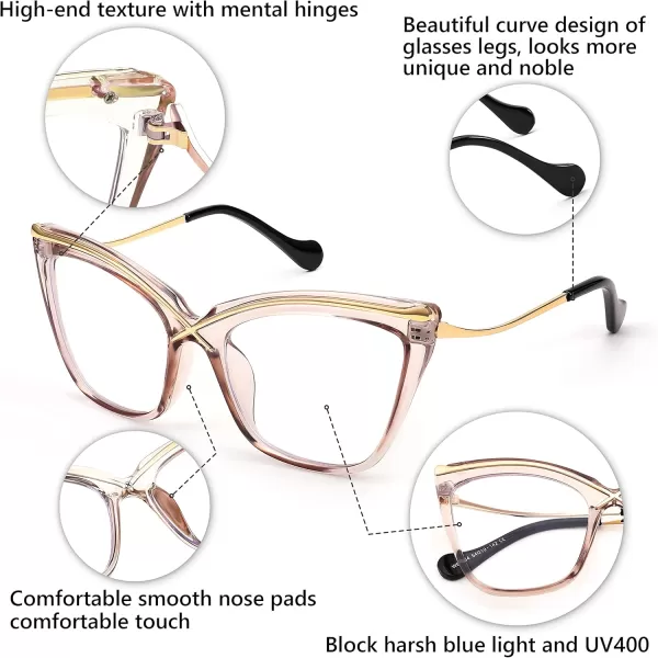 FEISEDY Women Oversized Square Blue Light Blocking Glasses Anti Eyestrain Cat Eye Fashion Eyewear B2956Transparent Tea