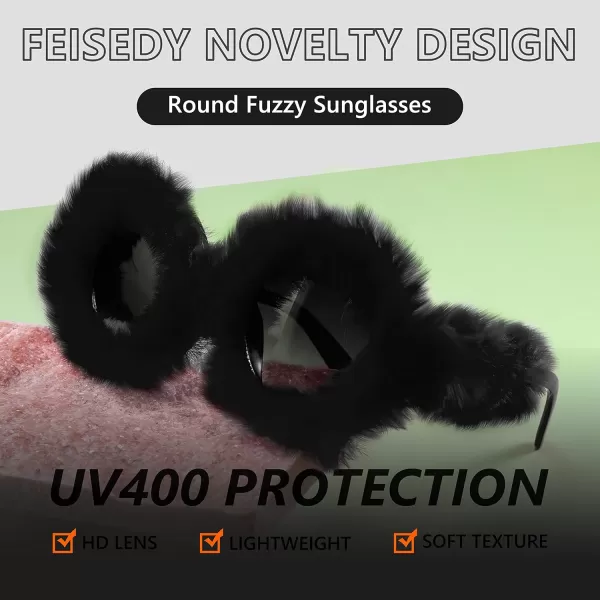 FEISEDY Women Plush Fuzzy Round Sunglasses Punk Soft Velvet Shades Ladies Handmade Party Cosplay Eyewear B2889Black
