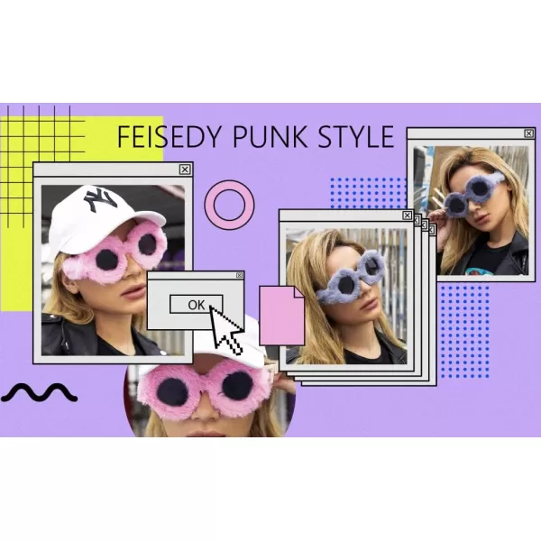 FEISEDY Women Plush Fuzzy Round Sunglasses Punk Soft Velvet Shades Ladies Handmade Party Cosplay Eyewear B2889Black