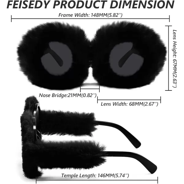 FEISEDY Women Plush Fuzzy Round Sunglasses Punk Soft Velvet Shades Ladies Handmade Party Cosplay Eyewear B2889Black