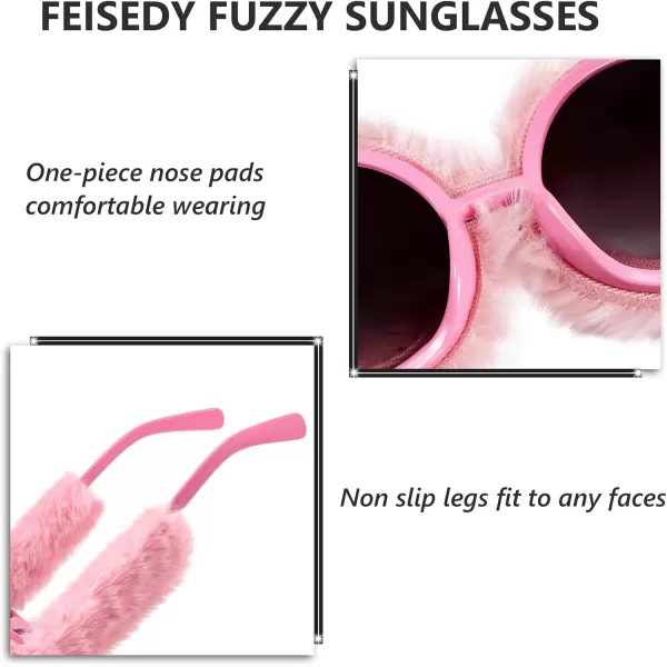 FEISEDY Women Plush Fuzzy Round Sunglasses Punk Soft Velvet Shades Ladies Handmade Party Cosplay Eyewear B2889Pink