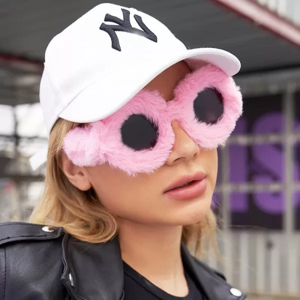 FEISEDY Women Plush Fuzzy Round Sunglasses Punk Soft Velvet Shades Ladies Handmade Party Cosplay Eyewear B2889Pink