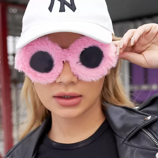 FEISEDY Women Plush Fuzzy Round Sunglasses Punk Soft Velvet Shades Ladies Handmade Party Cosplay Eyewear B2889Pink