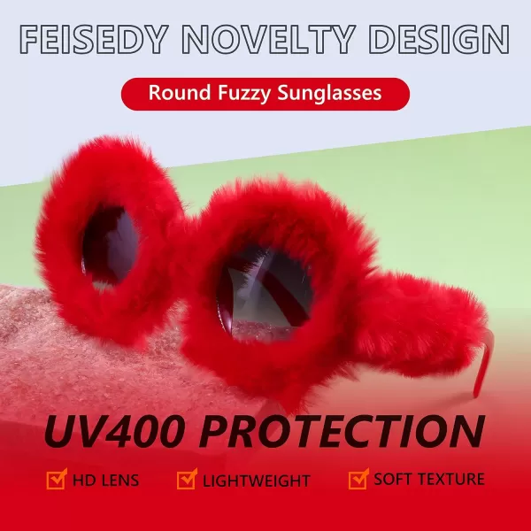 FEISEDY Women Plush Fuzzy Round Sunglasses Punk Soft Velvet Shades Ladies Handmade Party Cosplay Eyewear B2889Red