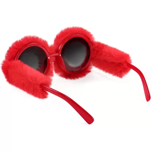 FEISEDY Women Plush Fuzzy Round Sunglasses Punk Soft Velvet Shades Ladies Handmade Party Cosplay Eyewear B2889Red