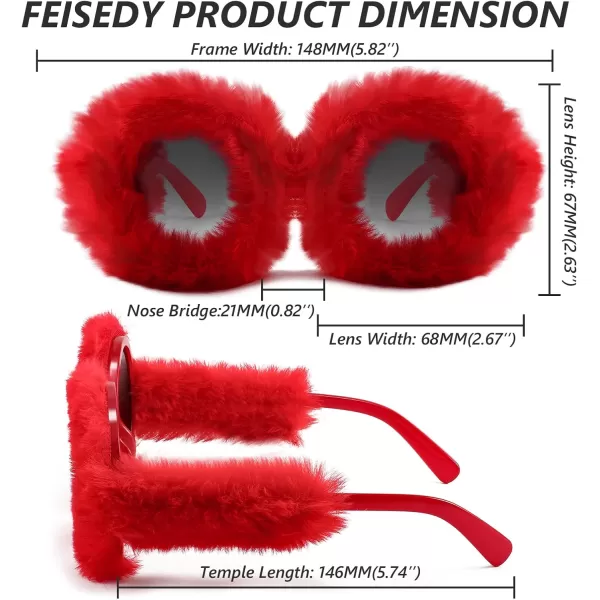FEISEDY Women Plush Fuzzy Round Sunglasses Punk Soft Velvet Shades Ladies Handmade Party Cosplay Eyewear B2889Red