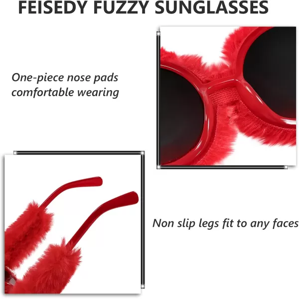 FEISEDY Women Plush Fuzzy Round Sunglasses Punk Soft Velvet Shades Ladies Handmade Party Cosplay Eyewear B2889Red