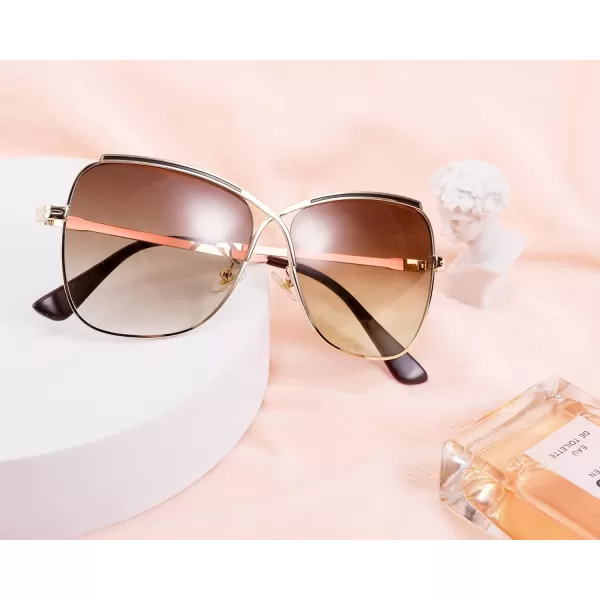 FEISEDY Womens Cute Sunglasses Oversized Butterfly X Shape Design Cateye Lady Sunglasses B2738Golden Frame  Gradual Brown Lens