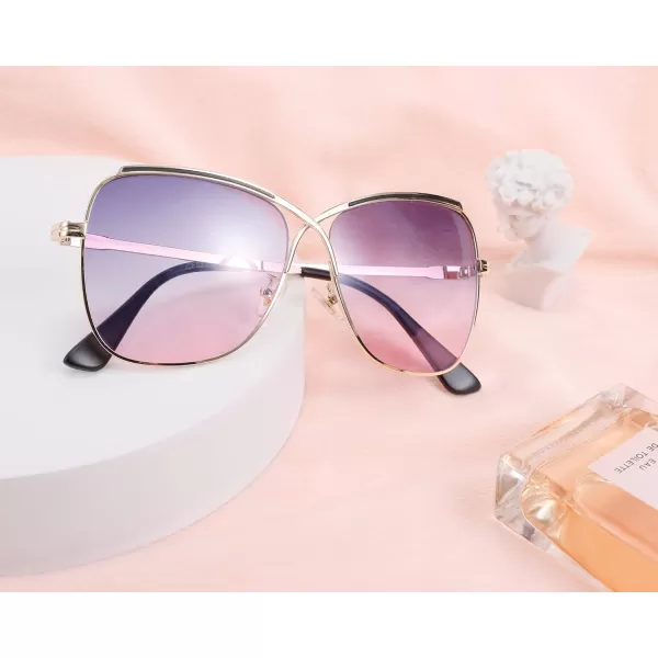 FEISEDY Womens Cute Sunglasses Oversized Butterfly X Shape Design Cateye Lady Sunglasses B2738Golden Frame  Gradual Greypink Lens