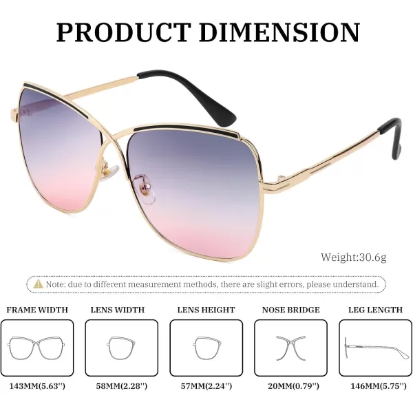 FEISEDY Womens Cute Sunglasses Oversized Butterfly X Shape Design Cateye Lady Sunglasses B2738Golden Frame  Gradual Greypink Lens