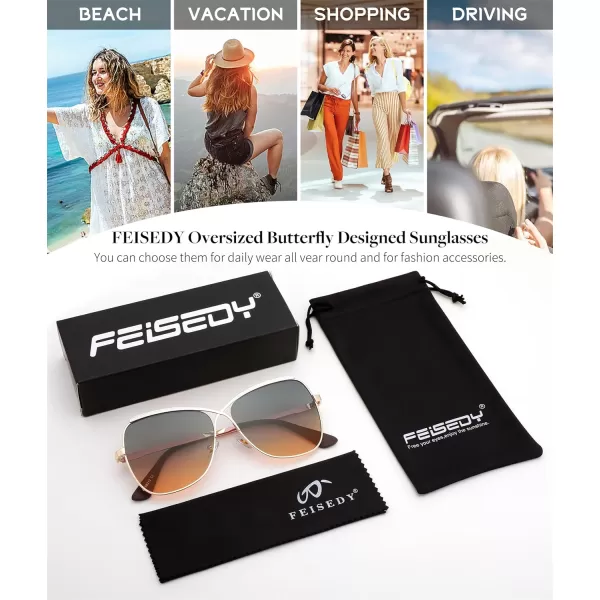 FEISEDY Womens Cute Sunglasses Oversized Butterfly X Shape Design Cateye Lady Sunglasses B2738Golden Frame  Green Orange Lens