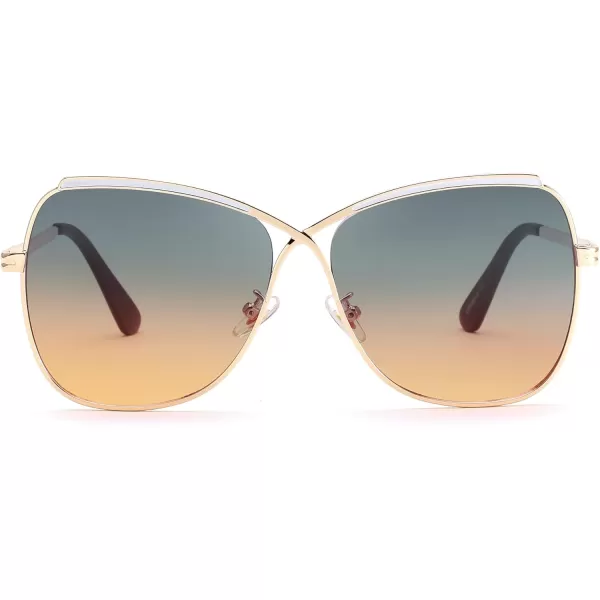 FEISEDY Womens Cute Sunglasses Oversized Butterfly X Shape Design Cateye Lady Sunglasses B2738Golden Frame  Green Orange Lens
