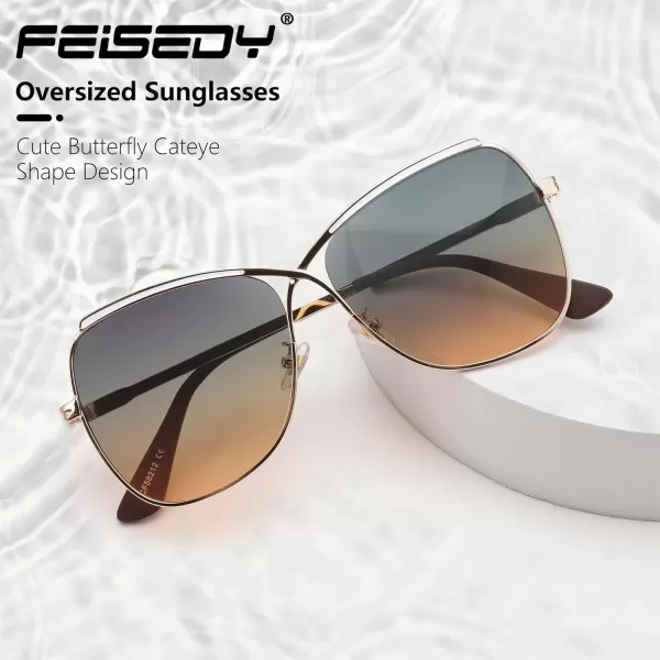 FEISEDY Womens Cute Sunglasses Oversized Butterfly X Shape Design Cateye Lady Sunglasses B2738Golden Frame  Green Orange Lens