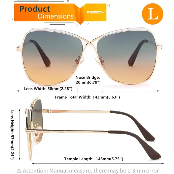 FEISEDY Womens Cute Sunglasses Oversized Butterfly X Shape Design Cateye Lady Sunglasses B2738Golden Frame  Green Orange Lens