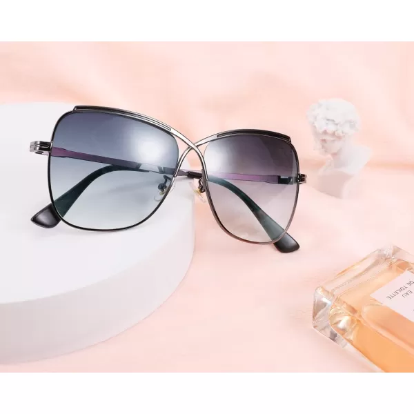 FEISEDY Womens Cute Sunglasses Oversized Butterfly X Shape Design Cateye Lady Sunglasses B2738Gun Grey Frame  Gradual Grey Lens