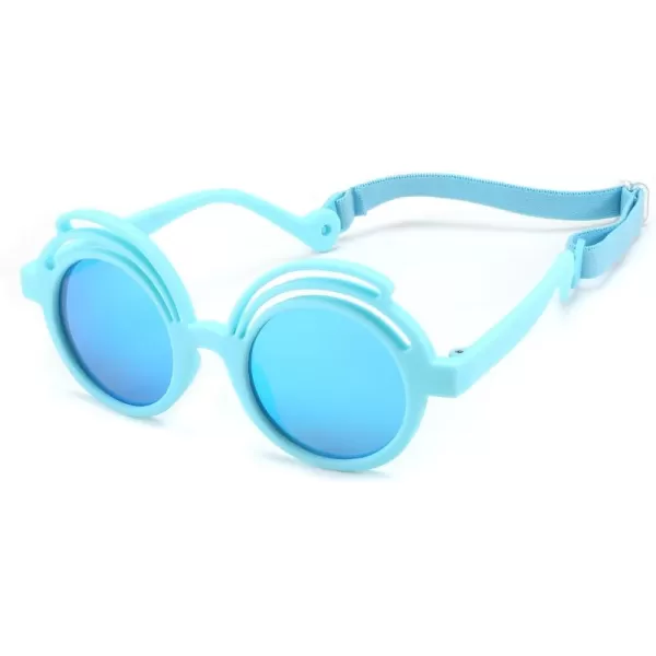 FEISEDY Baby Polarized Round Sunglasses Flexible Rubber Shades with Strap for Infant Toddler Newborn Age 024 Months B0060Blue Frame  Blue Mirrored Lens