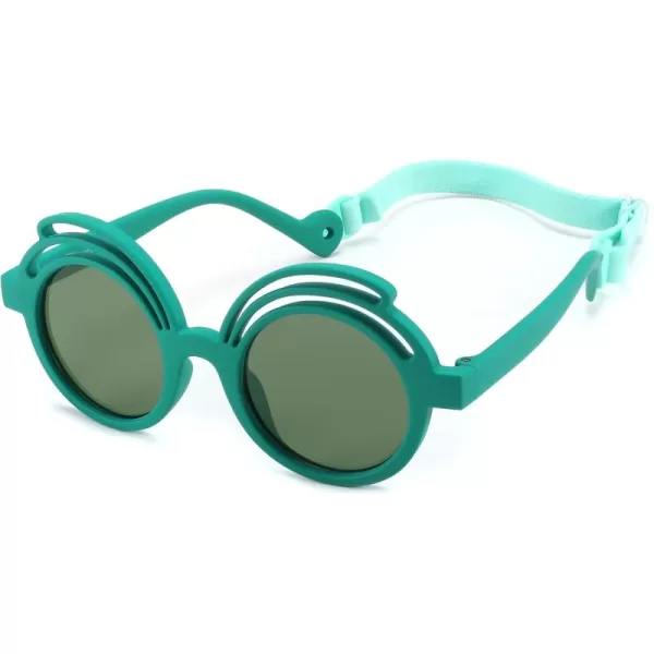 FEISEDY Baby Polarized Round Sunglasses Flexible Rubber Shades with Strap for Infant Toddler Newborn Age 024 Months B0060Dark Green Frame  Green Lens