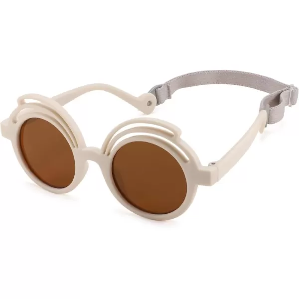 FEISEDY Baby Polarized Round Sunglasses Flexible Rubber Shades with Strap for Infant Toddler Newborn Age 024 Months B0060Off White Frame  Tea Lens