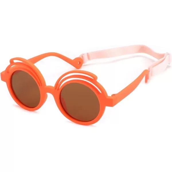 FEISEDY Baby Polarized Round Sunglasses Flexible Rubber Shades with Strap for Infant Toddler Newborn Age 024 Months B0060Orange Frame  Tea Lens