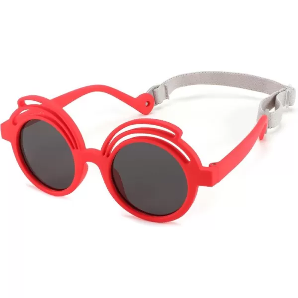 FEISEDY Baby Polarized Round Sunglasses Flexible Rubber Shades with Strap for Infant Toddler Newborn Age 024 Months B0060Red Frame  Grey Lens
