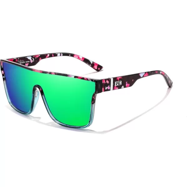 FEISEDY Fashion Flat Top Sunglasses Trendy Oversized Square Shades Women Men UV400 B2996Blue Purple Flower Frame  Green Mirrored Lens