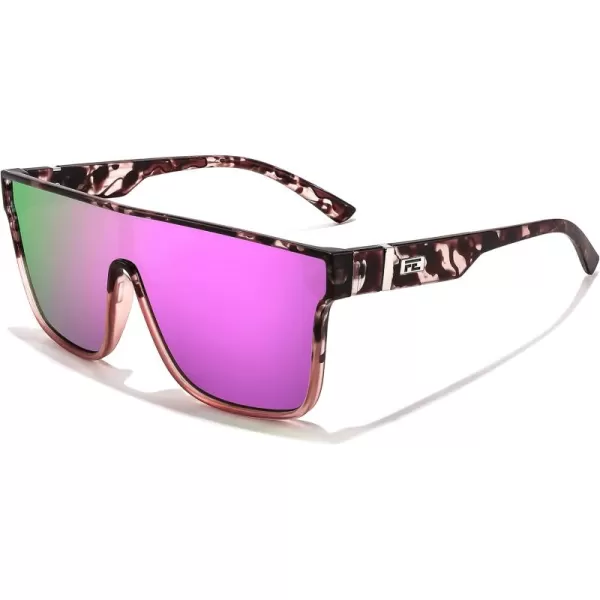 FEISEDY Fashion Flat Top Sunglasses Trendy Oversized Square Shades Women Men UV400 B2996Transparent Pink Leopard Frame  Purple Mirrored Lens
