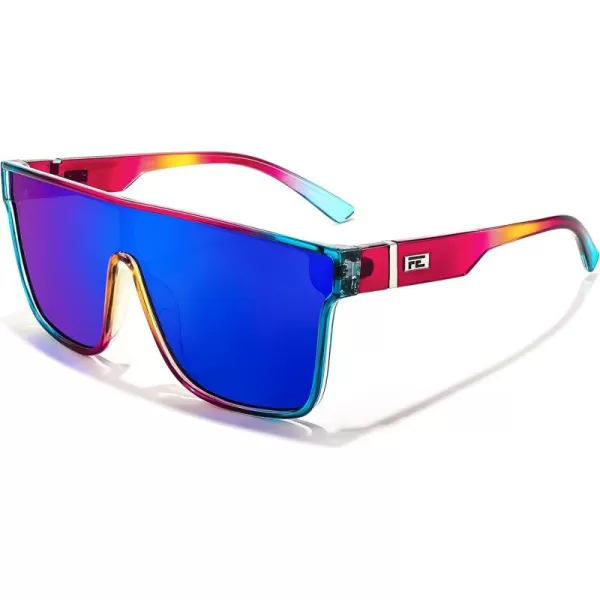 FEISEDY Fashion Flat Top Sunglasses Trendy Oversized Square Shades Women Men UV400 B2996Transparent Red Blue Frame  Blue Mirrored Lens