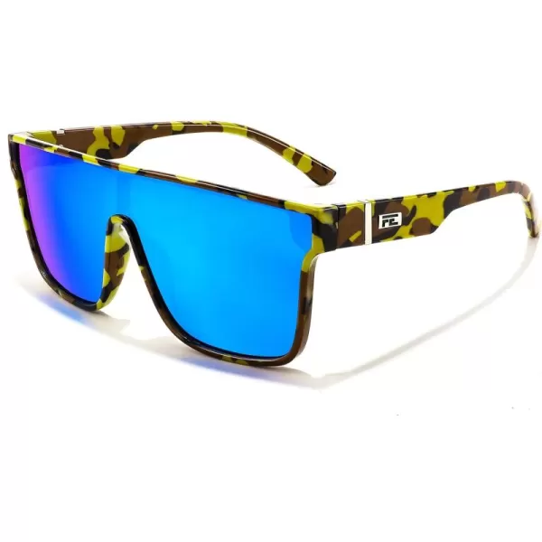 FEISEDY Fashion Flat Top Sunglasses Trendy Oversized Square Shades Women Men UV400 B2996Yellow Camouflage Frame  Blue Mirrored Lens
