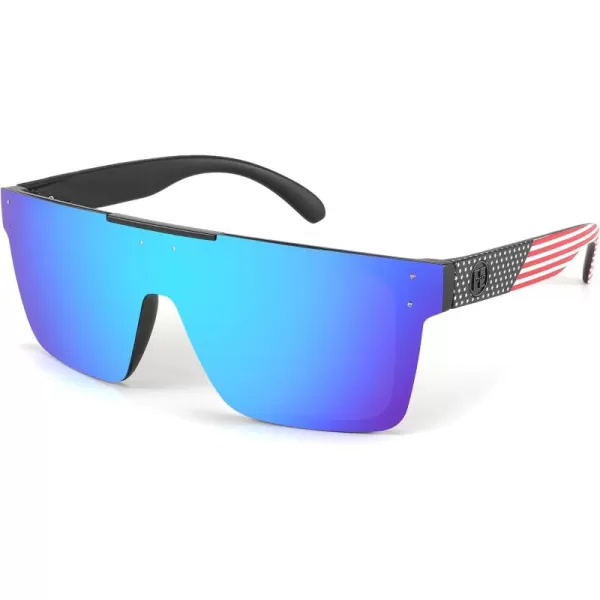 FEISEDY Men Women Sunglasses Polarized Oversized Square Vintage Cycling Running Fishing Golf Hiking Sports Sun Glasses B2990Polarized Blue Mirrored Lenses With American Flag Temples 004