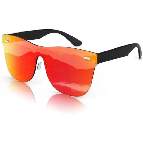 FEISEDY Mirrored Rimless Sunglasses One Piece Lens Reflective Sunglasses for Women Men B2647Sunset Red