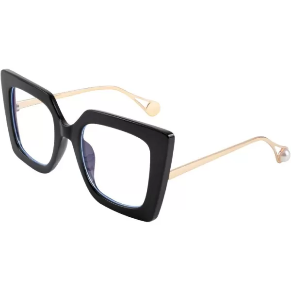 FEISEDY Oversized Square Blue Light Blocking Glasses Eye Strain Glare Pearl Inlay Arm Cat Eye Fashion Eyewear B2639Black