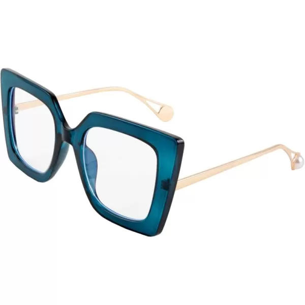 FEISEDY Oversized Square Blue Light Blocking Glasses Eye Strain Glare Pearl Inlay Arm Cat Eye Fashion Eyewear B2639Blue