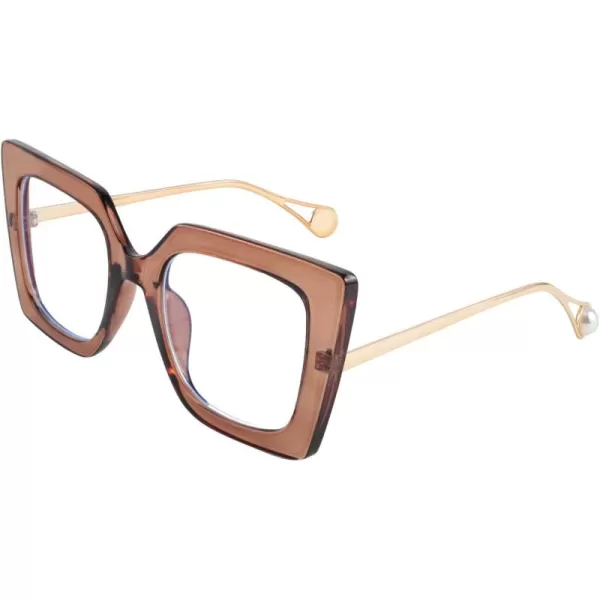 FEISEDY Oversized Square Blue Light Blocking Glasses Eye Strain Glare Pearl Inlay Arm Cat Eye Fashion Eyewear B2639Brown