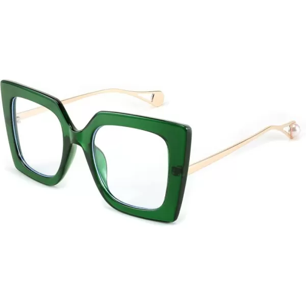 FEISEDY Oversized Square Blue Light Blocking Glasses Eye Strain Glare Pearl Inlay Arm Cat Eye Fashion Eyewear B2639Green
