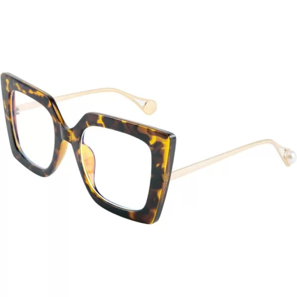 FEISEDY Oversized Square Blue Light Blocking Glasses Eye Strain Glare Pearl Inlay Arm Cat Eye Fashion Eyewear B2639Leopard