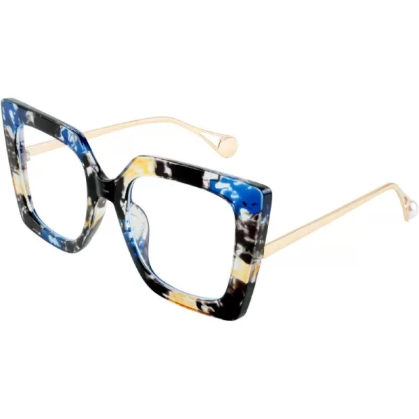 FEISEDY Oversized Square Blue Light Blocking Glasses Eye Strain Glare Pearl Inlay Arm Cat Eye Fashion Eyewear B2639Marble Pattern