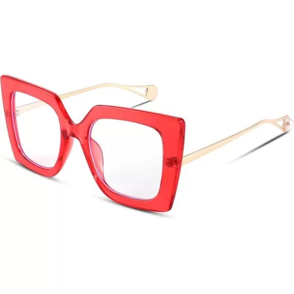 FEISEDY Oversized Square Blue Light Blocking Glasses Eye Strain Glare Pearl Inlay Arm Cat Eye Fashion Eyewear B2639Red