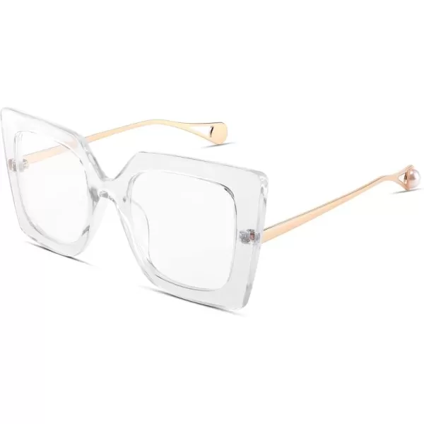 FEISEDY Oversized Square Blue Light Blocking Glasses Eye Strain Glare Pearl Inlay Arm Cat Eye Fashion Eyewear B2639Transparent