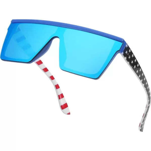 FEISEDY Oversized Sunglasses Mens Womens Flat Top Square Trendy Visor Shades UV400 B2470Blue Mirror  Flag