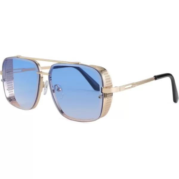 FEISEDY Sunglasses Mens Women Vintage Pilot Square Trendy Metal Steampunk Fishing Driving Sun Glasses B2894Gradient Blue